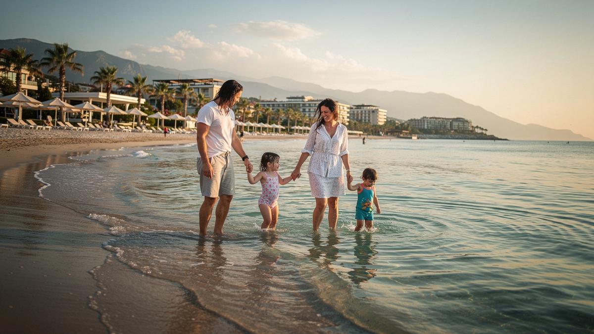 Parents walking with two children along a shallow beach at sunset in Antalya, Turkey