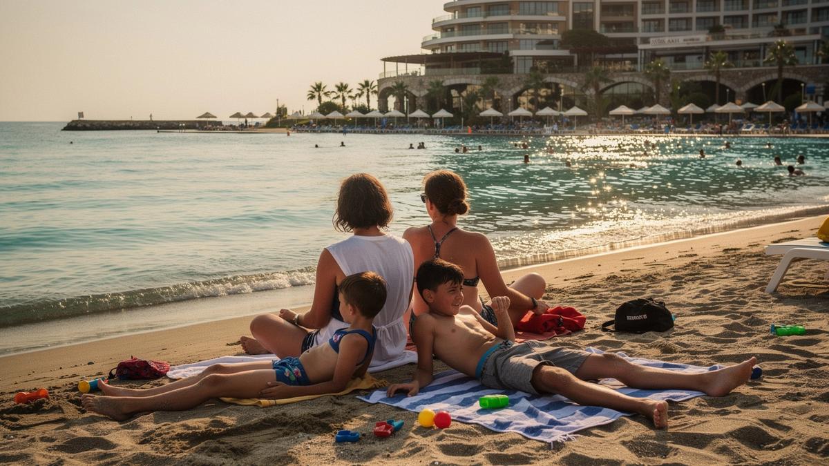 Family relaxing on a beach in Antalya, Turkey