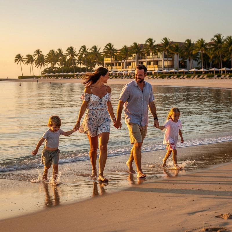 Parents walking a shallow shoreline with two young children at golden hour
