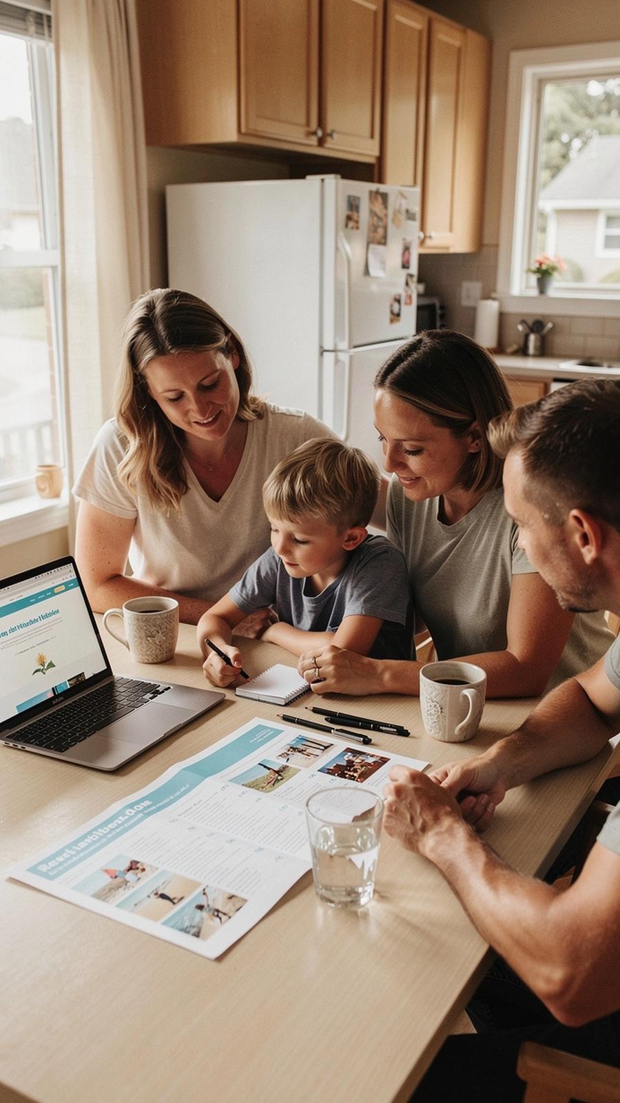 Parents and two children going through a printed beach holiday itinerary at a kitchen table