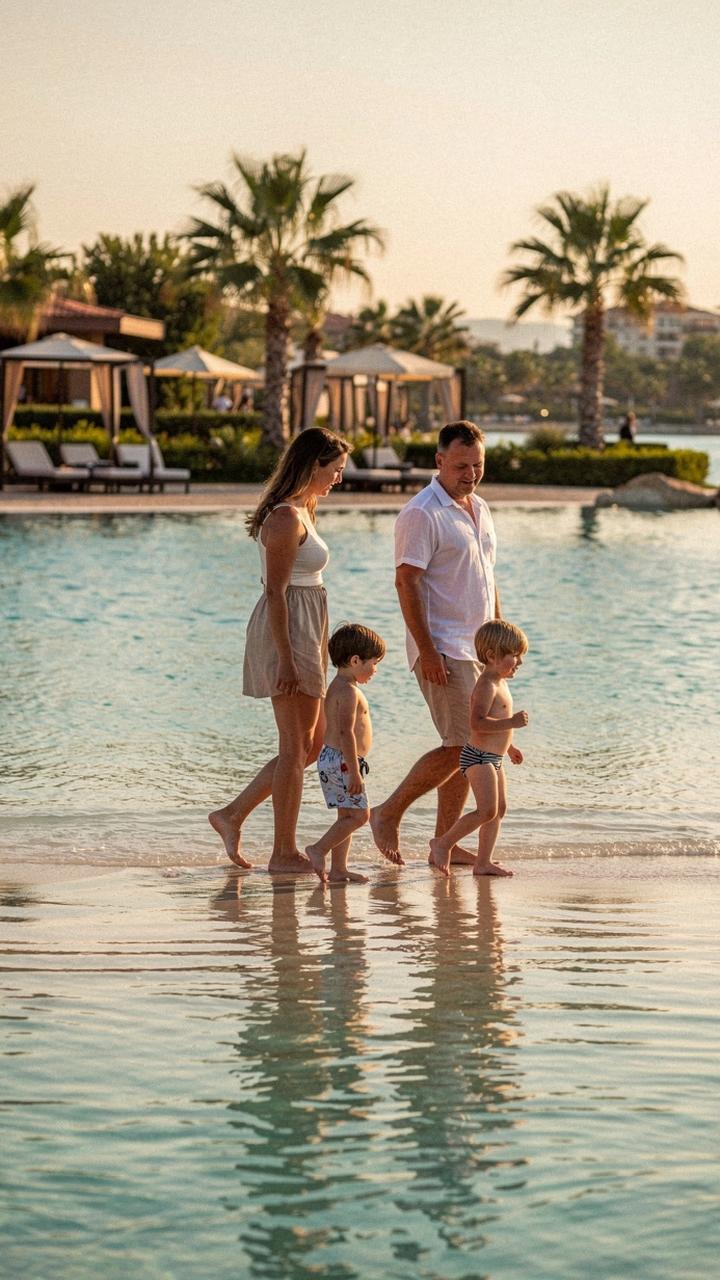 Two parents and two children walking beside a shallow resort lagoon in Belek, Turkey