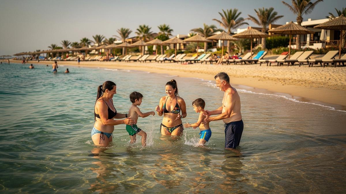 Parents and children paddling in shallow water on a sandy Turkish beach