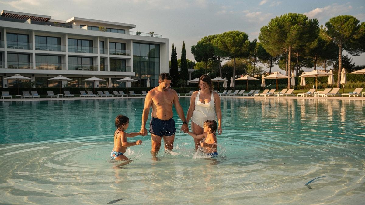 Parents and two children wading in a shallow turquoise lagoon in front of a beach resort in Turkey